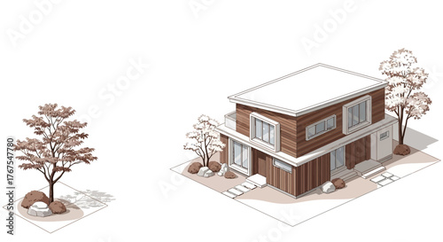 Isometric illustration of a modern house with a minimalist design concept