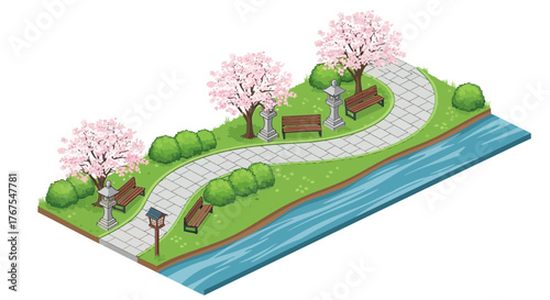 Isometric illustration of a peaceful park with cherry blossoms and benches