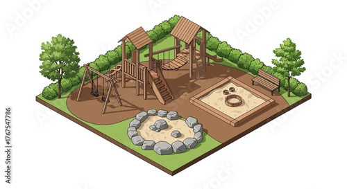 Isometric Illustration of a Playground with Swings, Slide, and Sandbox