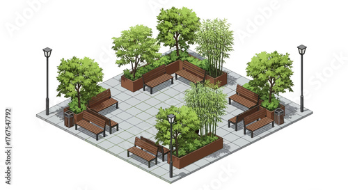 Isometric Illustration of a Park Area with Benches and Trees for Relaxation