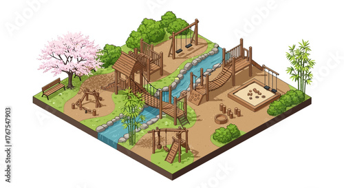 Isometric illustration of a vibrant and engaging children's playground scene