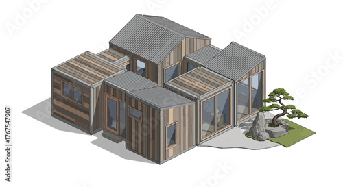 Isometric Illustration of an Eco-Friendly Modern Modular Home Concept