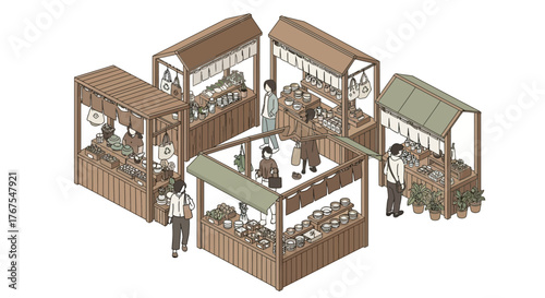 Isometric illustration of a vibrant marketplace with shoppers and stalls