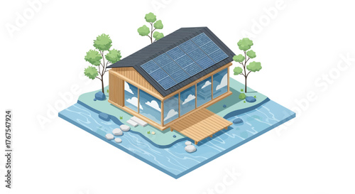 Isometric illustration of eco house with solar panels near the river