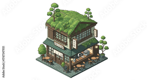 Isometric illustration of charming Japanese cafe with rooftop garden design