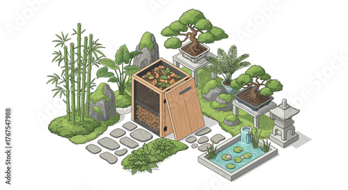 Isometric Illustration of Serene Asian-Inspired Garden with Composting Bin