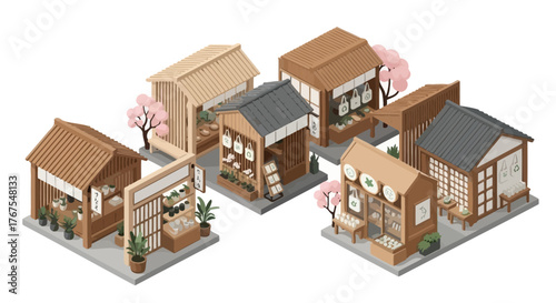 Isometric japanese street market scene displaying traditional shops