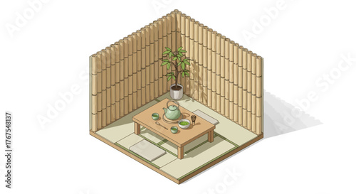 Isometric Japanese Tea Ceremony Setting with Bamboo Walls and Tatami Mats