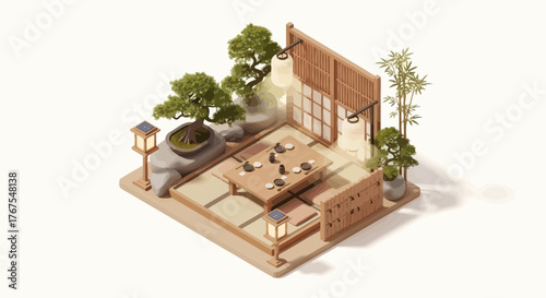 Isometric Japanese zen garden dining scene with bonsai trees and lanterns