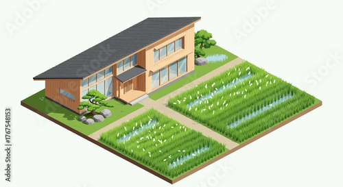 Isometric Minimalist House with Surrounding Nature and Rice Field Landscape