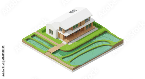 Isometric modern house amid rice terraces for sustainable living concept