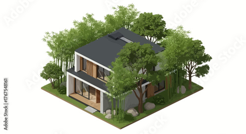 Isometric modern house nestled among lush green bamboo and trees