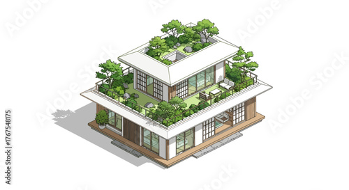 Isometric modern house with green roof garden and nature integration concept