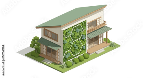 Isometric modern house with vertical garden wall and green aesthetics