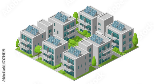 Isometric modern residential complex with solar panels, eco living concept