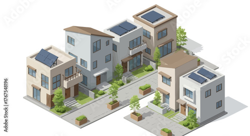 Isometric neighborhood illustration showcasing sustainable home design and planning