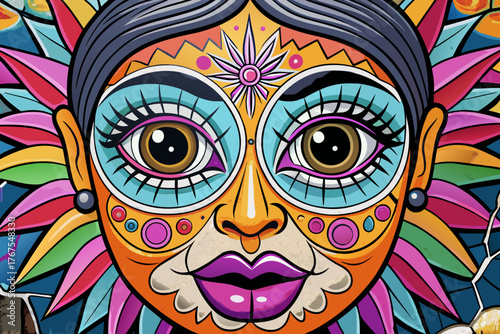 Abstract face painting on mexican mural wall with cracked paint textures, colorful street art design, graffiti art background, old urban artwork and creative wall decor concept