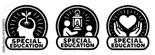 特別支援教育のロゴセット（芽・灯り・ハートのシンボル）、Special Education Logo Set – Growth, Light, and Heart Symbols