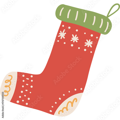Red Christmas Stocking With Green Cuff And White Snowflake Pattern Festive Holiday Decoration Isolated On Transparent Background