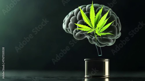 Cannabis Leaf and Brain: An artistic portrayal of a cannabis leaf superimposed over a translucent brain, placed on a stand, hinting at the potential effects of the substance. 