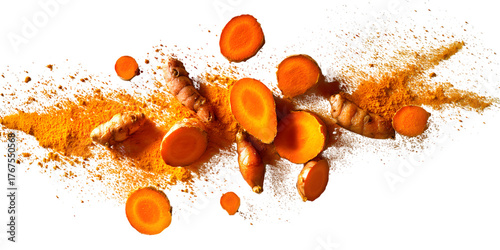 Exploding turmeric root and slices with powder against black background