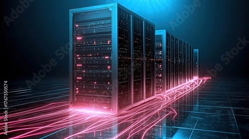 High-tech server with glowing data streams for cloud computing and AI technology in virtual web development