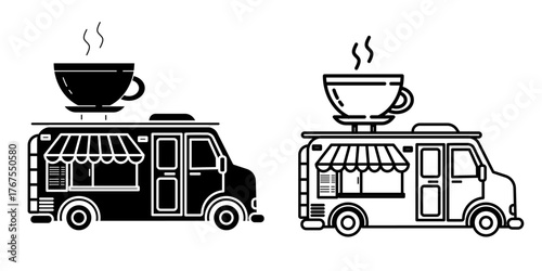 Coffee Truck Icon in Outline and Silhouette Vector Illustration, Stroke Editable
