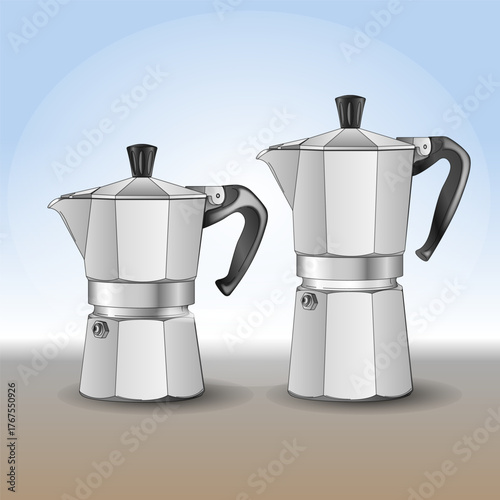 Italian aluminium moka coffee maker, two sized, vector illustration