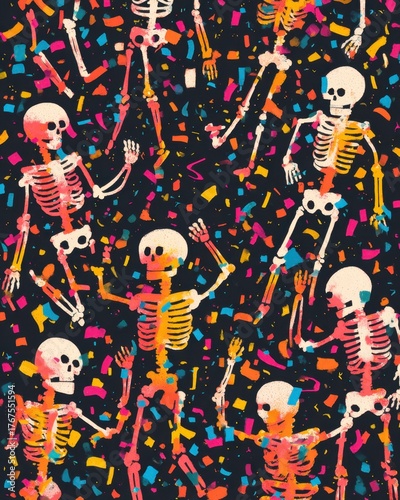Colorful Skeletons Dancing on a Dark Background with Confetti