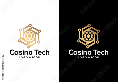 Casino coin logo vector with cards and hexagon technology circuit