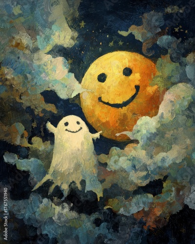 Whimsical Ghost with Smiling Moon in Colorful Night Sky Art