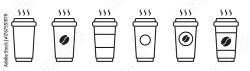 Paper Coffee Cup Line Icon Set – Steaming To-Go Beverage Symbols, Hot Drink Outline Icons Set.