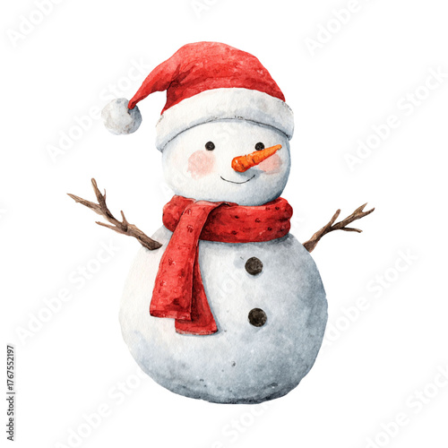 Watercolor snowman with red hat and scarf on black background on transparent background
