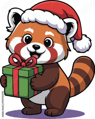 Adorable cartoon red panda wearing a Santa hat and holding a Christmas gift, festive holiday illustration on a purple background, soft lighting, cute and cheerful style