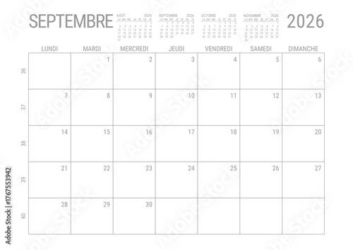 Calendrier Septembre 2026 Mensuel Planificateur avec Numero de Semaine à imprimer A4	