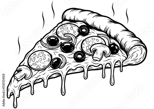 A hot, steaming slice of pizza with pepperoni, mushrooms, olives, and melting cheese. Black and white vector line art for a menu, logo, or coloring book.