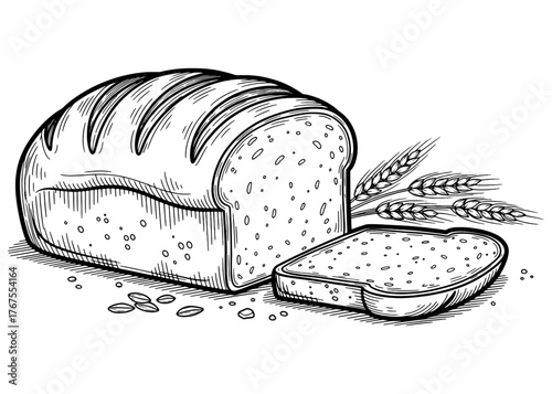 Hand-drawn loaf of sliced bread with wheat stalks. Black and white vector line art for a bakery menu, logo, or coloring book page.