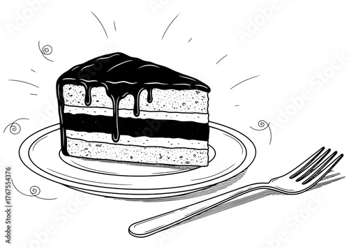Slice of layered chocolate cake with dripping icing on a plate with a fork. Hand-drawn black and white vector line art for a menu or coloring book.