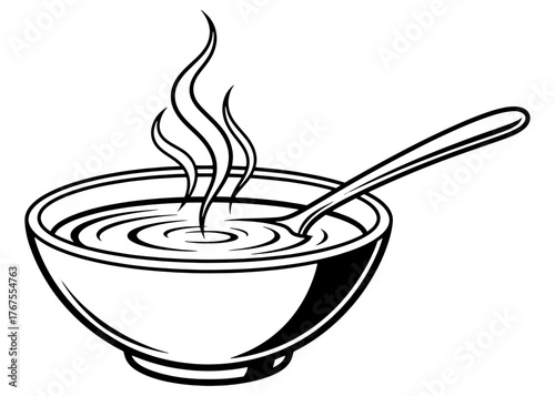 Simple black and white vector icon of a bowl of hot, steaming soup with a spoon. Isolated illustration for a menu logo, icon, or coloring book.