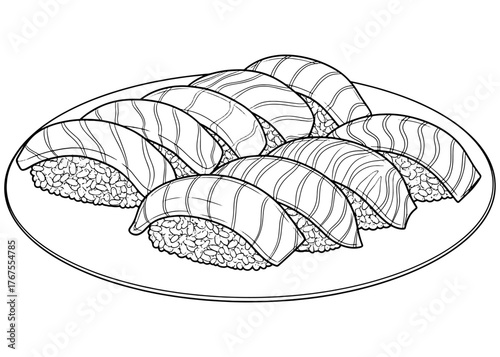 A plate of salmon nigiri sushi. Detailed black and white vector line art illustration, ideal for a coloring book page or Japanese restaurant menu.
