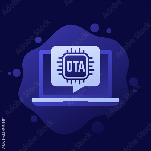 OTA, Over-the-Air update of software or firmware vector design with laptop