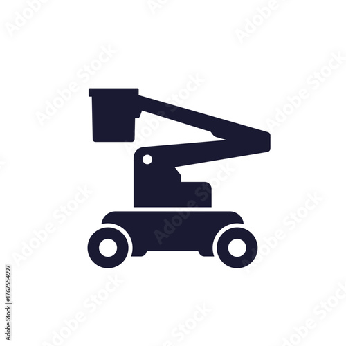 boom lift with bucket icon, telescopic platform pictogram on white