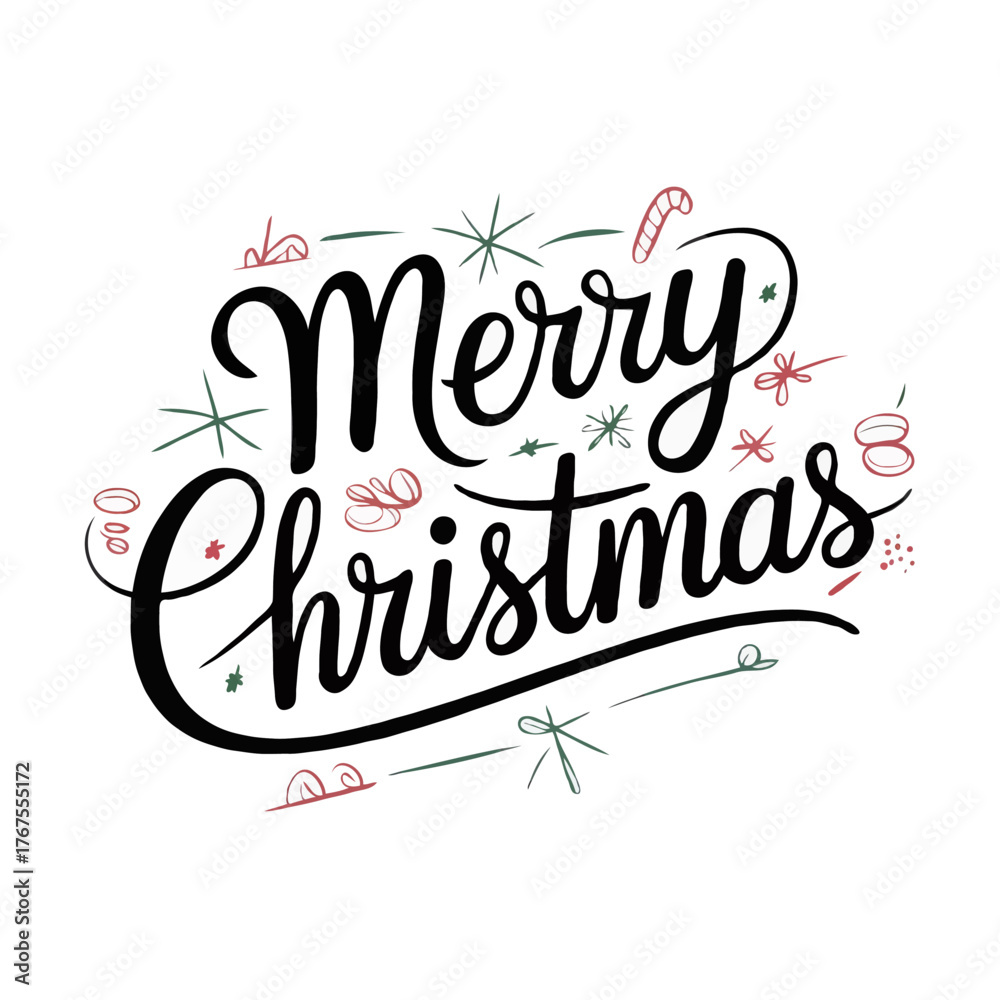Fototapeta premium Merry christmas hand lettering with festive decorations isolated on white background