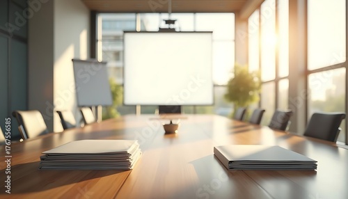 Ready for the Next Big Idea: Modern boardroom bathed in natural sunlight, features a large wooden table, presentation screen, and inviting setting ready for strategic planning and decision-making. 