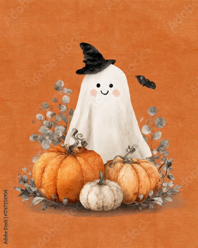 Whimsical Ghost Surrounded by Pumpkins and Foliage for Autumn Decor