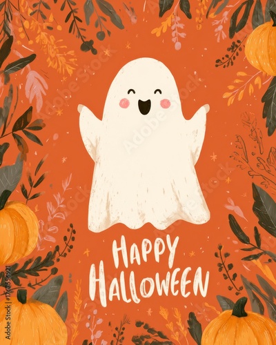 Cute Cartoon Ghost with Pumpkins for Halloween Celebration