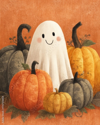 Cute Ghost Surrounded by Colorful Pumpkins on Autumn Background