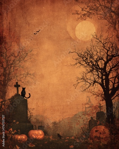 Spooky Halloween Scene with Cat, Pumpkins, and Gravestones at Dusk