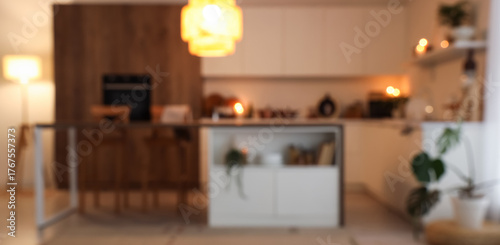 Blurred view of kitchen wit...