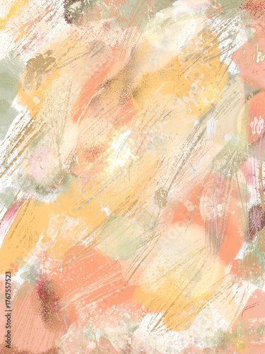 Abstract background in warm colors. Hand drawn illustration texture. Orange, yellow spots and stripes design for paper, templates, digital design and decoration.